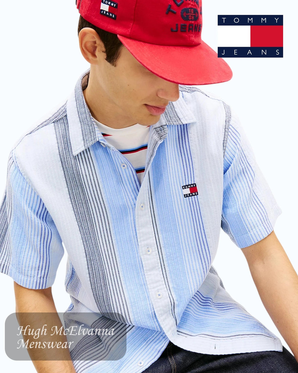 Tommy Jeans Blue Short Sleeve Stripe Shirt | DM0DM22789C3Q - Hugh McElvanna Menswear