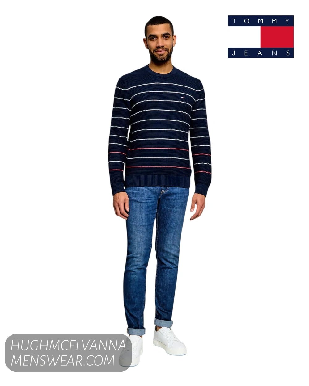 Tommy Jeans Dark Night Navy Crew Neck Slim Stripe Sweater – DM0DM23384C1G - Hugh McElvanna Menswear - Sweaters