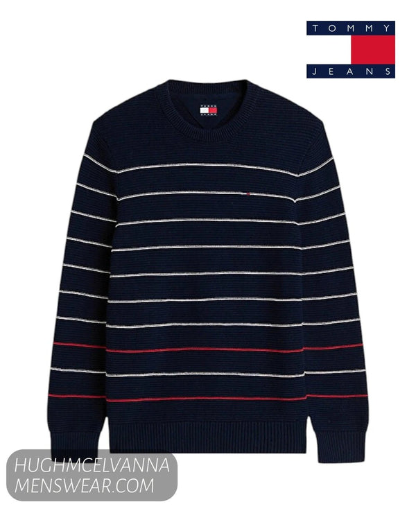 Tommy Jeans Dark Night Navy Crew Neck Slim Stripe Sweater – DM0DM23384C1G - Hugh McElvanna Menswear - Sweaters