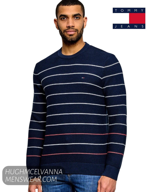 Tommy Jeans Dark Night Navy Crew Neck Slim Stripe Sweater – DM0DM23384C1G - Hugh McElvanna Menswear - Sweaters