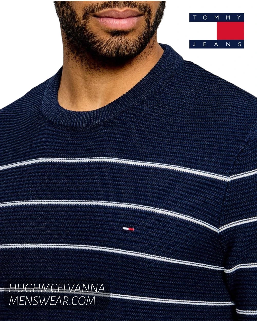 Tommy Jeans Dark Night Navy Crew Neck Slim Stripe Sweater – DM0DM23384C1G - Hugh McElvanna Menswear - Sweaters