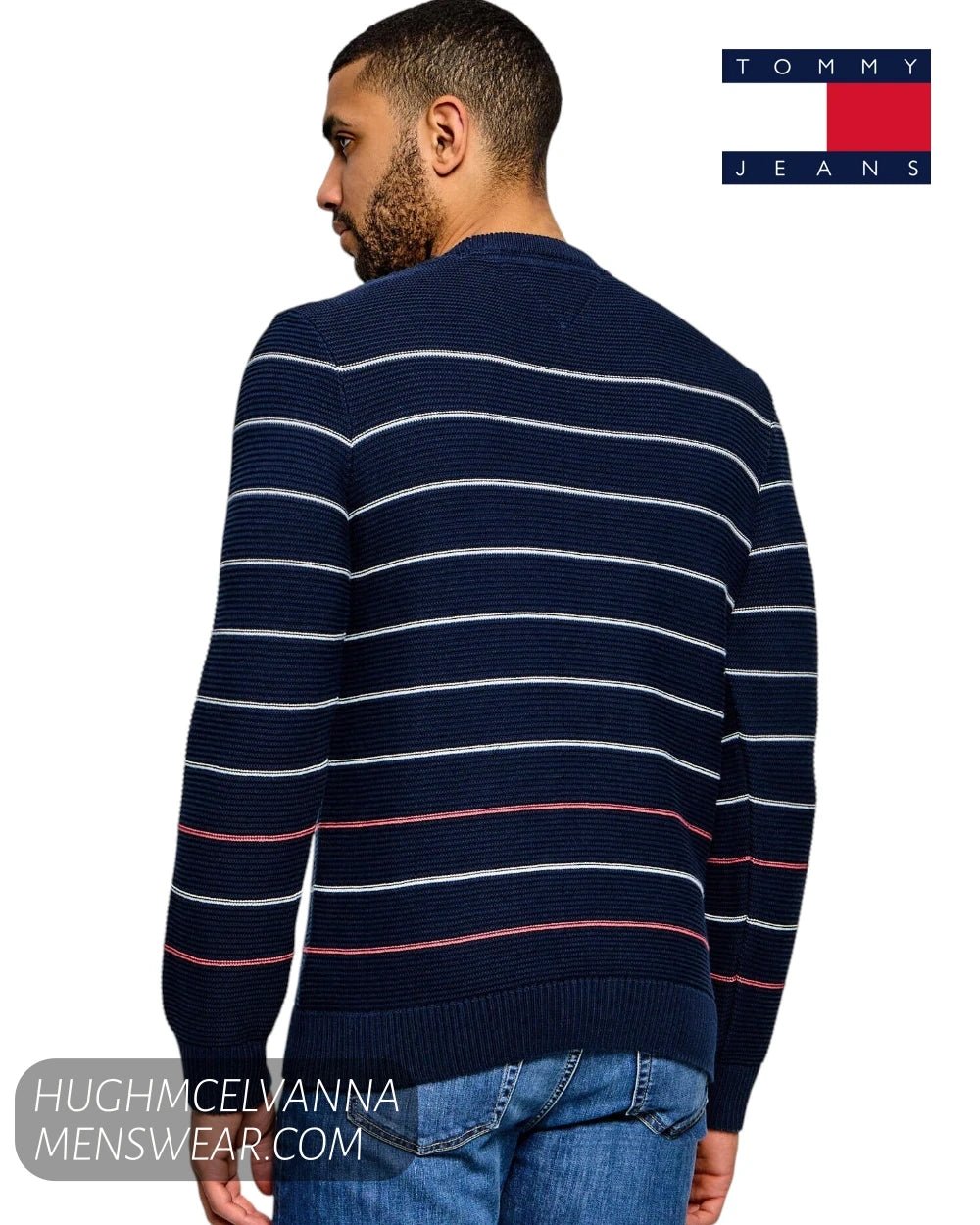 Tommy Jeans Dark Night Navy Crew Neck Slim Stripe Sweater – DM0DM23384C1G - Hugh McElvanna Menswear - Sweaters