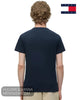 Rear view of male model wearing Tommy Jeans DM0DM23376C1G navy crew neck t-shirt and beige chinos