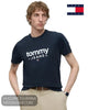Front portrait view of male model wearing Tommy Jeans DM0DM23376 navy crew neck logo t-shirt