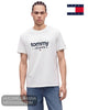Front view of male model wearing Tommy Jeans white graphic logo t-shirt with hands resting