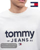 Close up front view of Tommy Jeans white cotton t-shirt showing graphic chest branding and crew neck collar