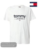 Flat lay product display of Tommy Jeans white t-shirt featuring navy 1985 logo print and flag detail