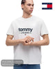 Front studio shot of model wearing Tommy Jeans DM0DM23376 white t-shirt showing left sleeve embroidered flag patch