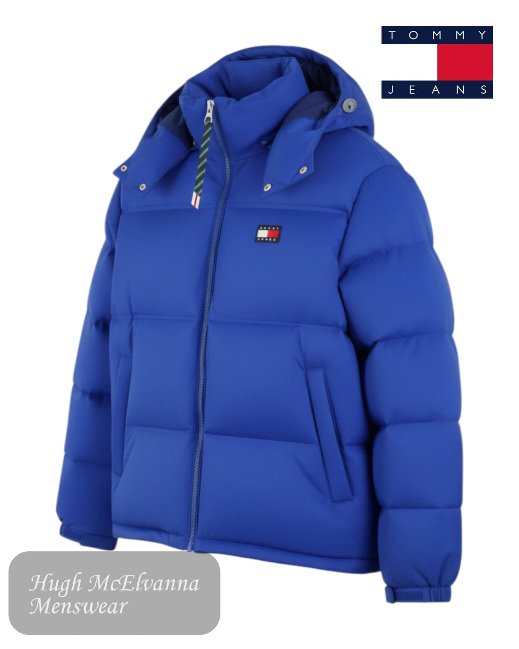 Blue puffer jacket with Tommy Jeans logo on a white background