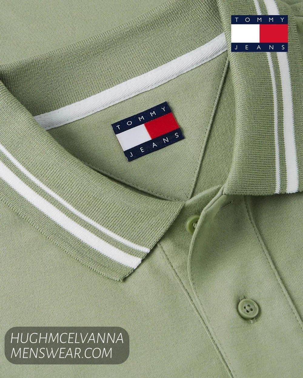 Close up collar shot of Tommy Jeans Spring Olive polo shirt DM0DM22709PMO showing white tipping and inner label