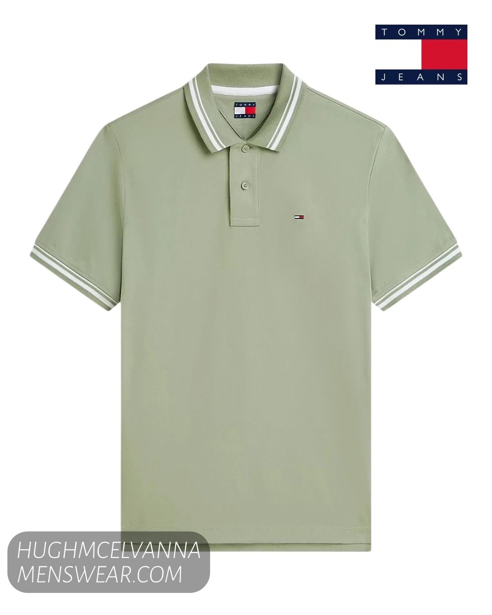 Studio flat lay display of Tommy Jeans men's tipped polo shirt DM0DM22709PMO in Spring Olive
