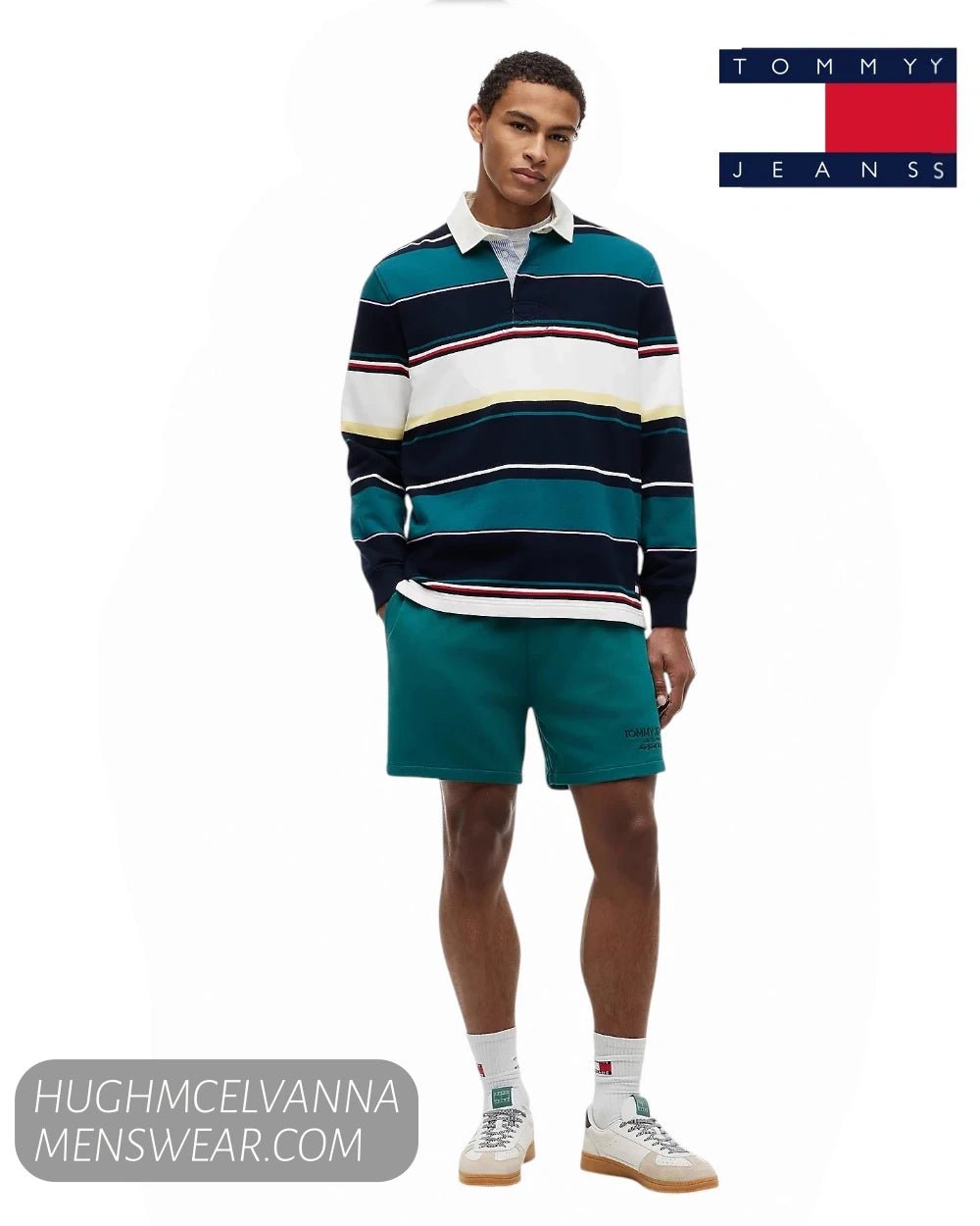 Full length model view wearing Tommy Jeans striped rugby shirt with teal shorts and retro trainers
