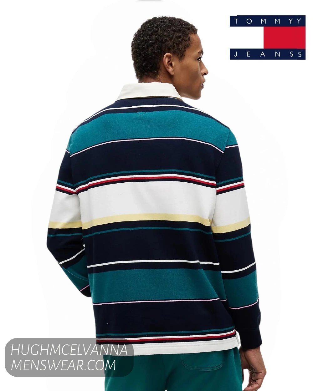 Rear view of male model wearing Tommy Jeans multi-colour striped cotton rugby shirt