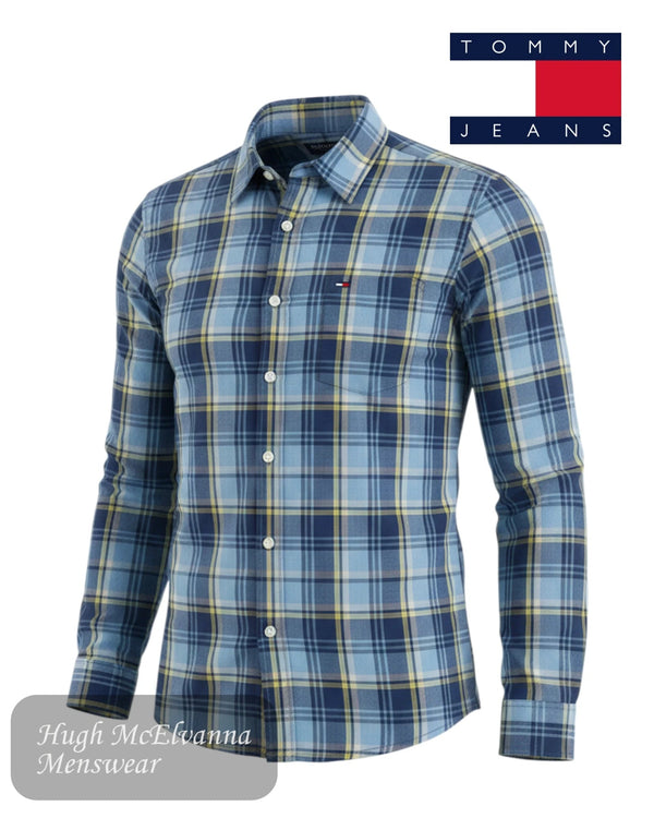 TommyJeans Blue check shirt on a white background with the Tommy Jeans Logo