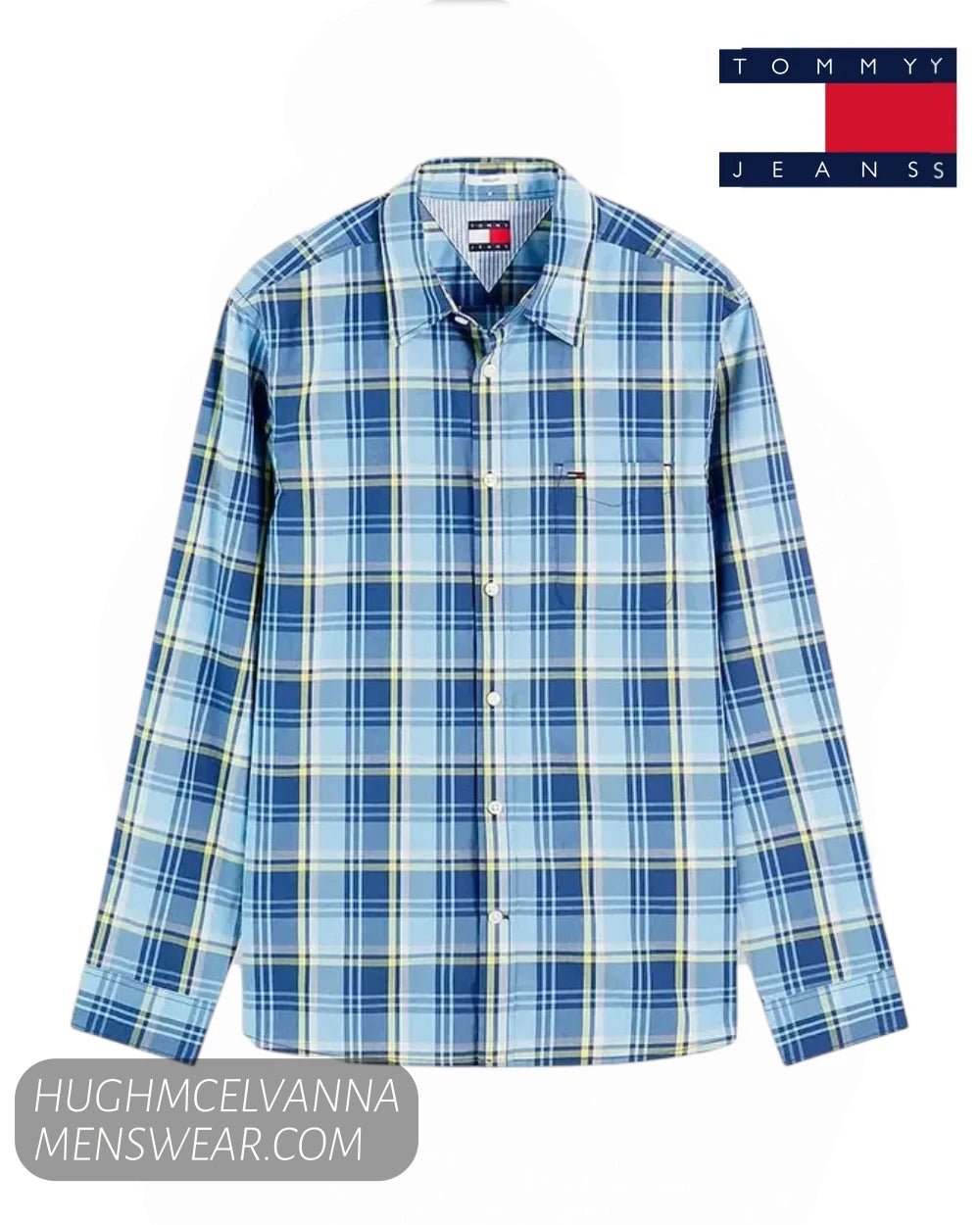 A blue and white plaid long-sleeve button-up shirt by Tommy Jeans, shown flat against a white background with the brand logo in the top right corner.