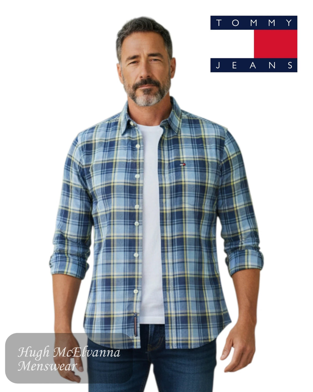 Tommy Jeans Navy Check Shirt DM0DM23527 blue and yellow plaid button-down for men's AW26.