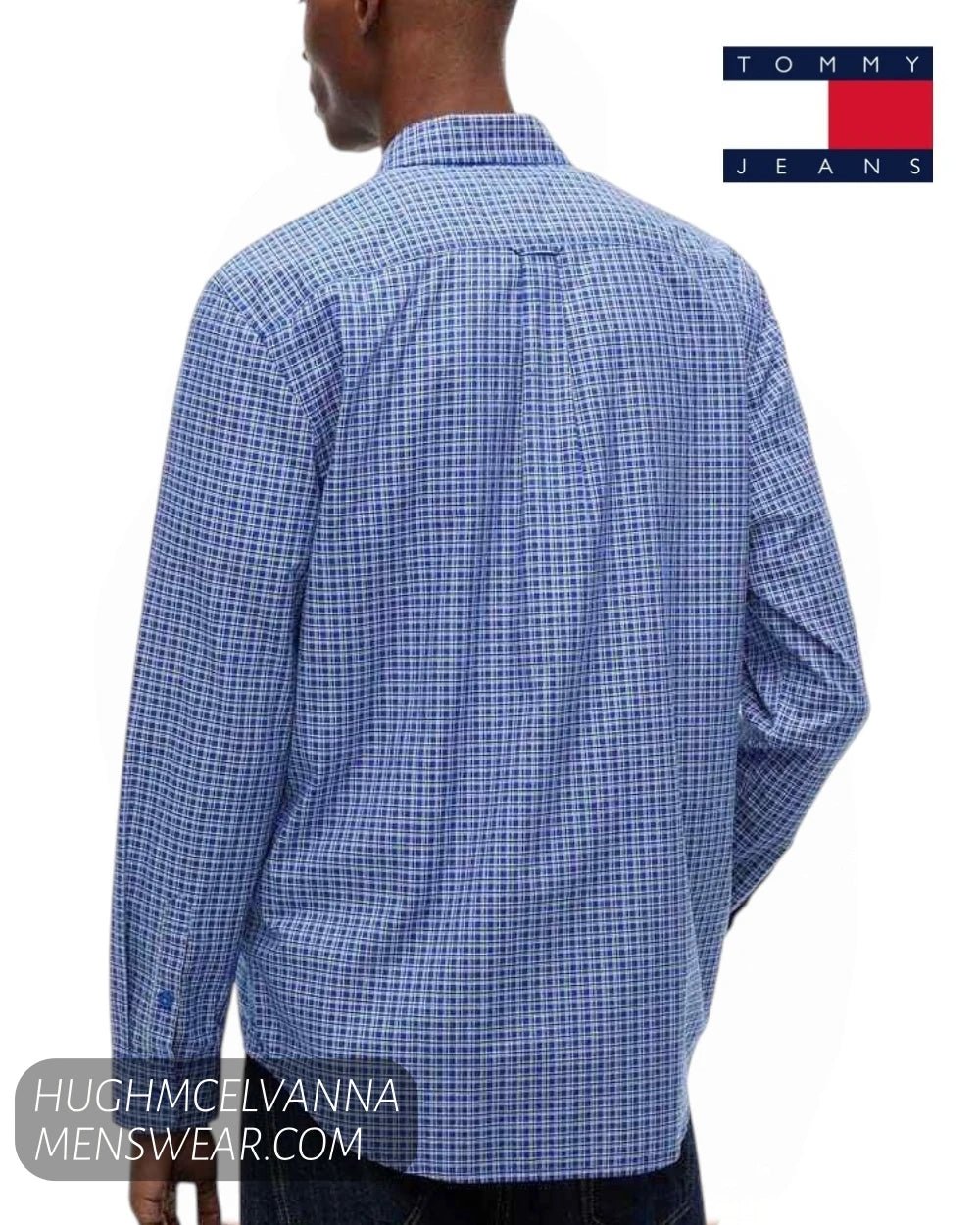 Rear view of male model wearing Tommy Jeans blue check shirt showing back yoke and box pleat