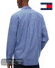 Rear view of male model wearing Tommy Jeans blue check shirt showing back yoke and box pleat