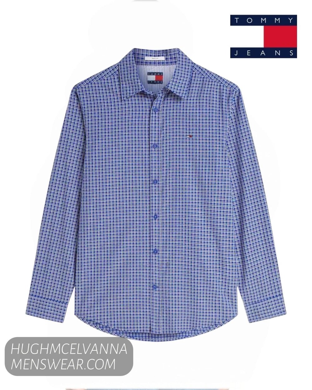 Studio flat lay display of Tommy Jeans Providence Blue check shirt DM0DM23414C63 showing point collar and button placket