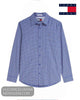Studio flat lay display of Tommy Jeans Providence Blue check shirt DM0DM23414C63 showing point collar and button placket