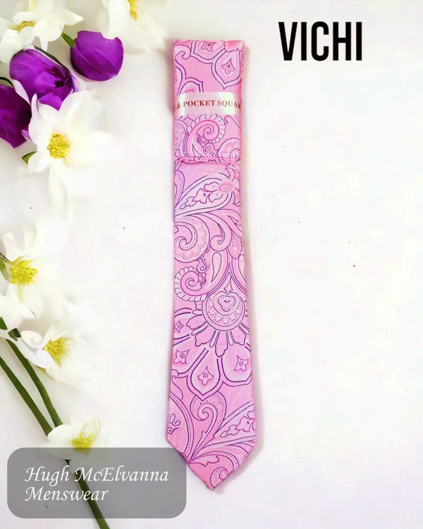 Vichi F56A Dark Pink Tie & Pocket Square Set - Hugh McElvanna Menswear