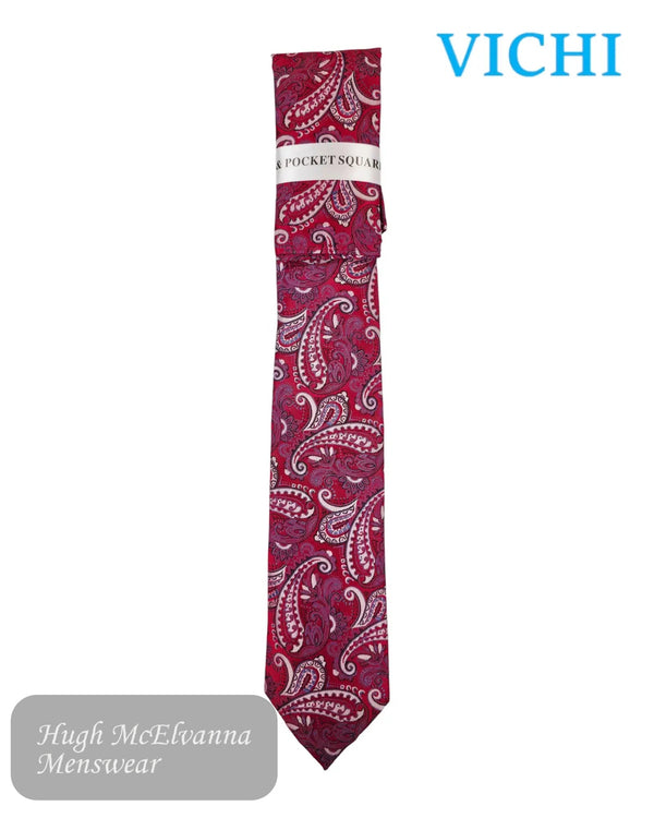 Vichi F71G Red Paisley Tie & Pocket Square Set - Hugh McElvanna Menswear