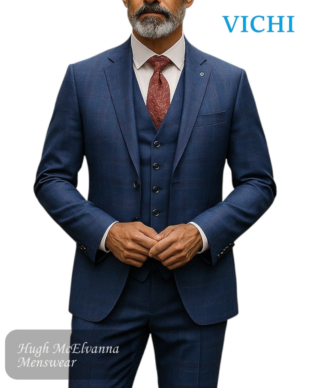 Vichi WALLACE Blue Check 3Pc. COMFORT FIT Mens Suit - Hugh McElvanna Menswear