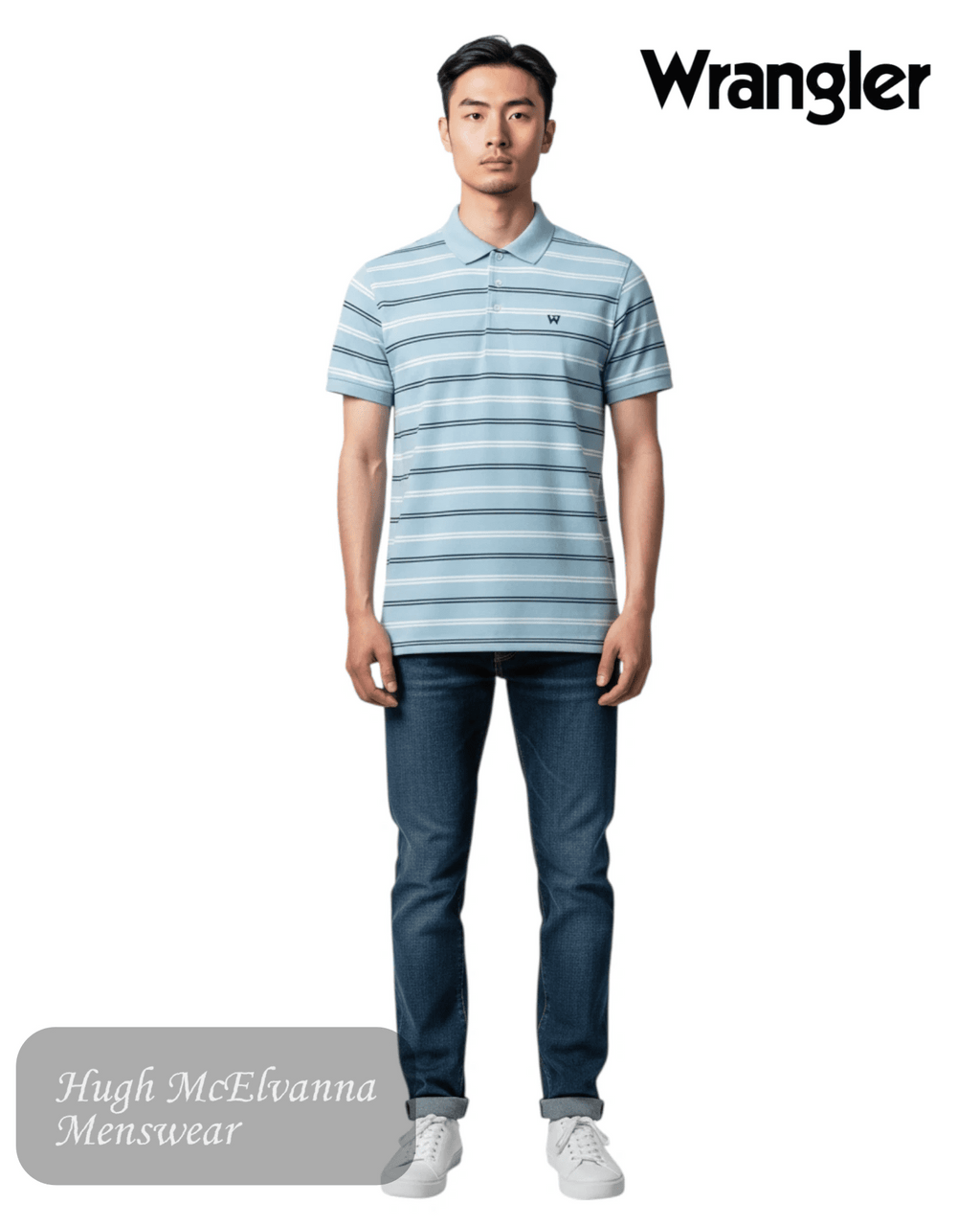 Wrangler Blue Stripe Pique Polo Shirt | 112378536 - Hugh McElvanna Menswear