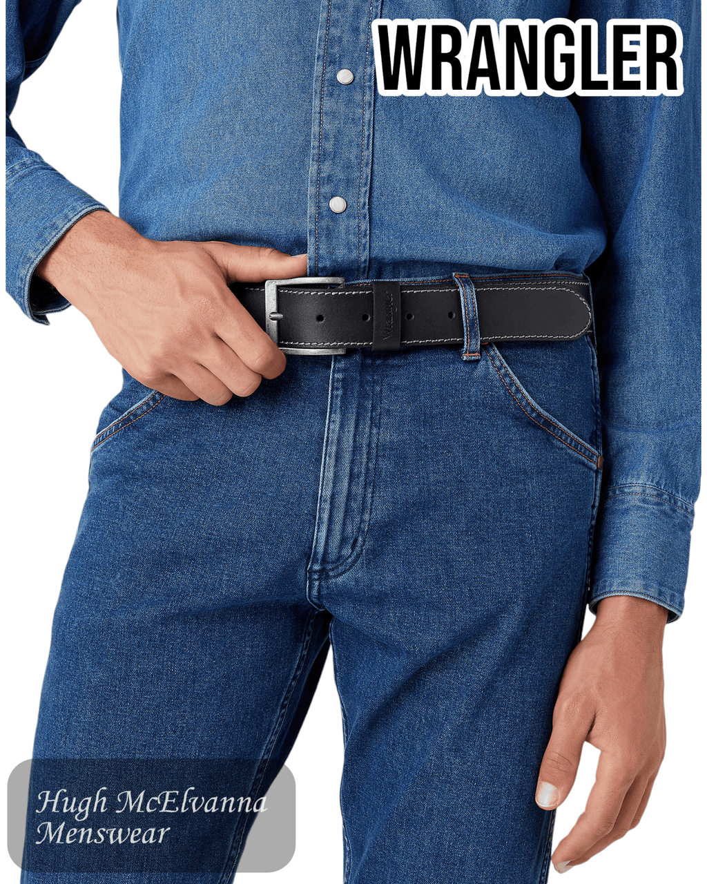 Wrangler Leather Belt - W0081US in black worn by model - Hugh McElvanna Menswear