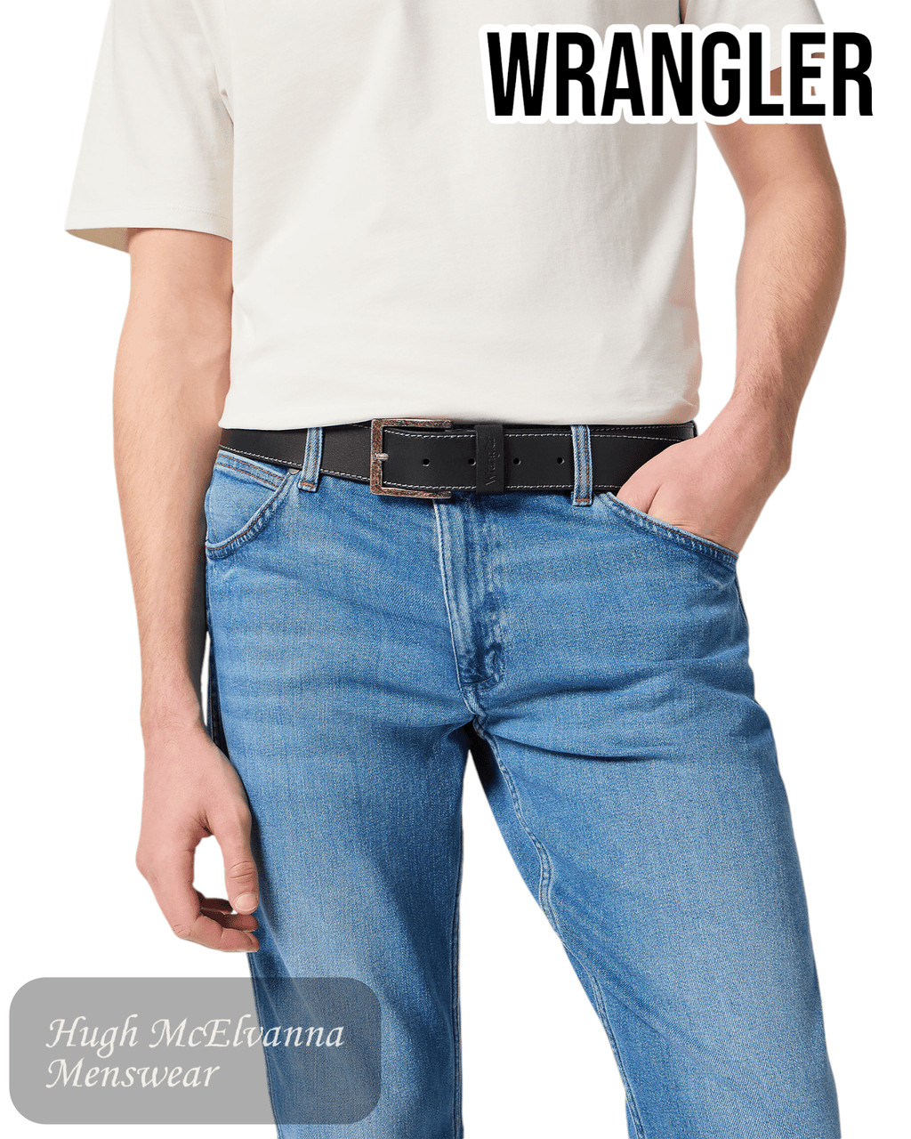 Wrangler Leather Belt - W0081US in brown worn by model - Hugh McElvanna Menswear