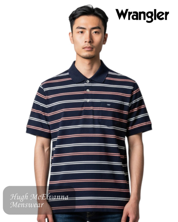 Wrangler Navy Stripe Pique Cotton Polo Shirt | 112378537 - Hugh McElvanna Menswear